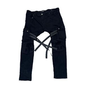 focus strappy black denim 42x32 euc goth distressed emo